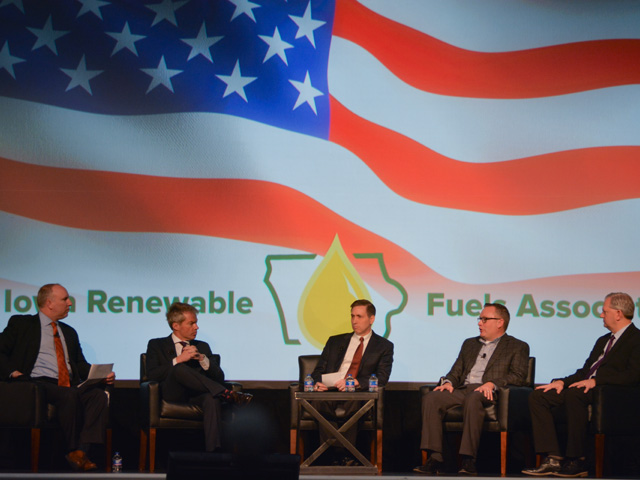 A panel discussion on policy outlook at the Iowa Renewable Fuels Association Summit on Tuesday included (from left) Monte Shaw, executive director of Iowa RFA; Eric Branstad from Mercury Public Affairs; Kevin Studer, a lobbyist from the Iowa Corn Growers Association; Robert White, a vice president with the national Renewable Fuels Association; and Donnell Rehagen of the National Biodiesel Board. (DTN photo by Chris Clayton) 